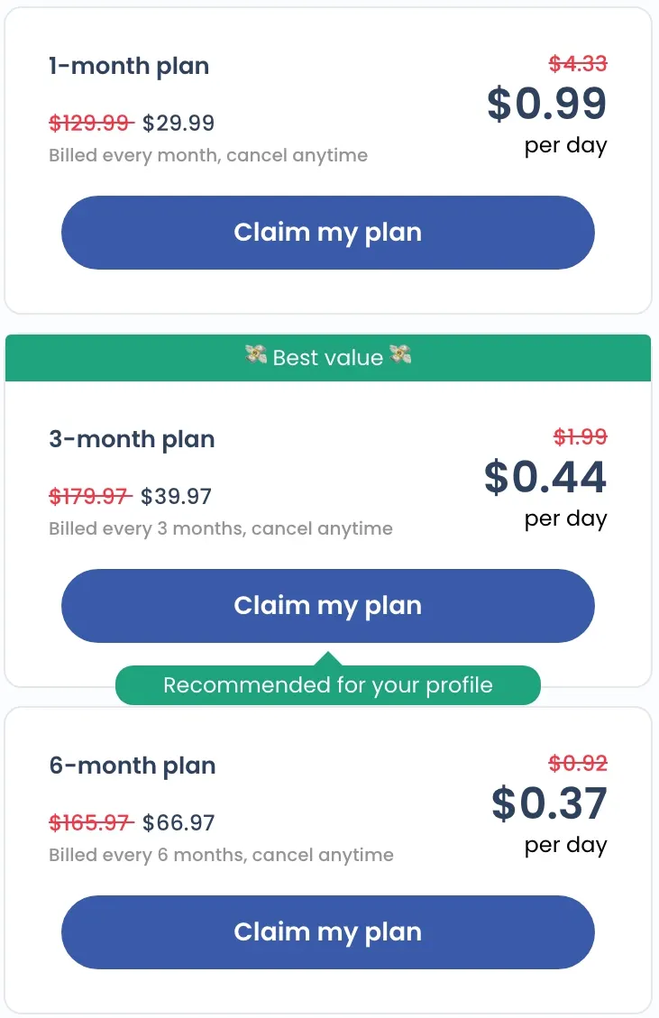 Happyo Pricing Plans — 1 Month $29.99, 3 Month Best Value $39.97, 6 Month $66.97 — Up to 75% Discount